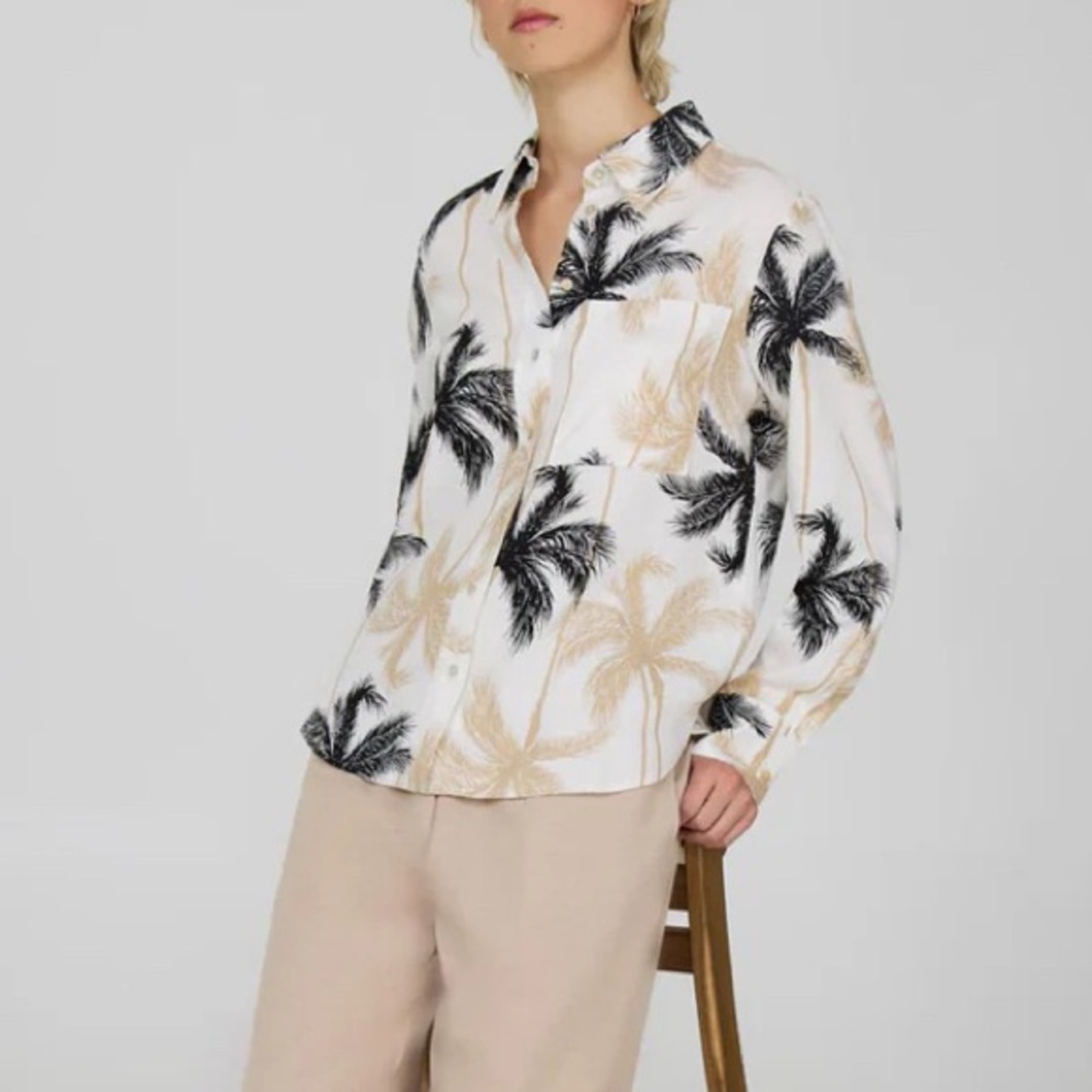Suzy Shier Linen Tropical Print Collared Button-down Shirt - Size XXL